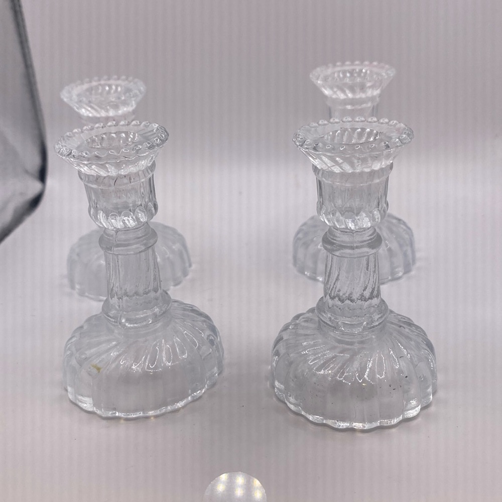 Set of 4 vintage glass miniature candlestick holders 3” 3/4”diameter
